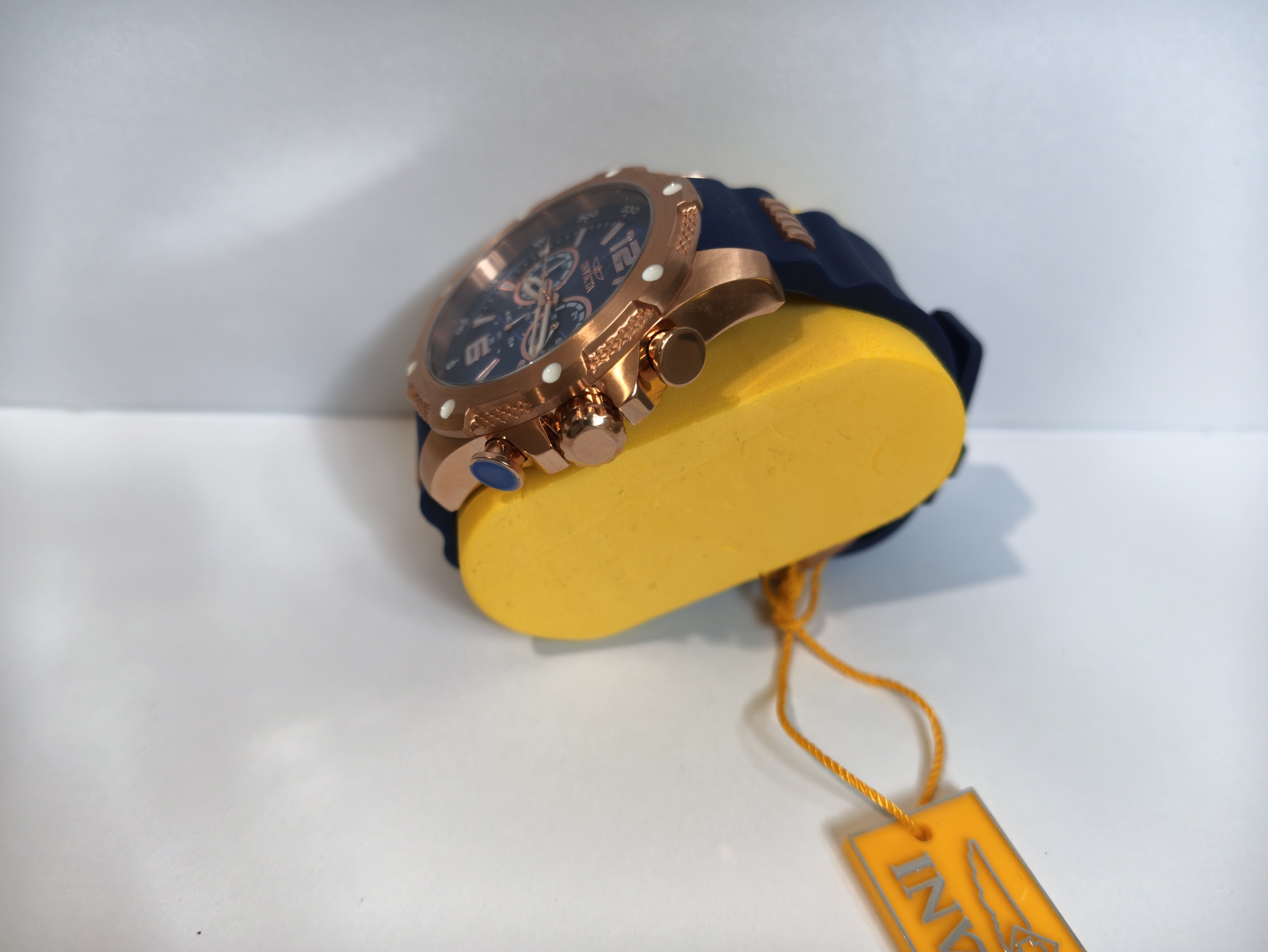  I-Force Axis rose gold blue chronograph watch front view with Invicta tag