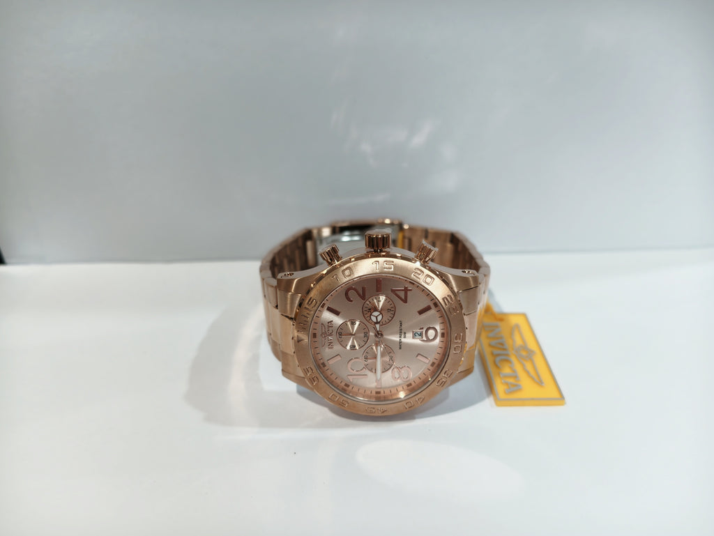 Invicta rose gold chronograph watch front view with stainless steel bracelet 