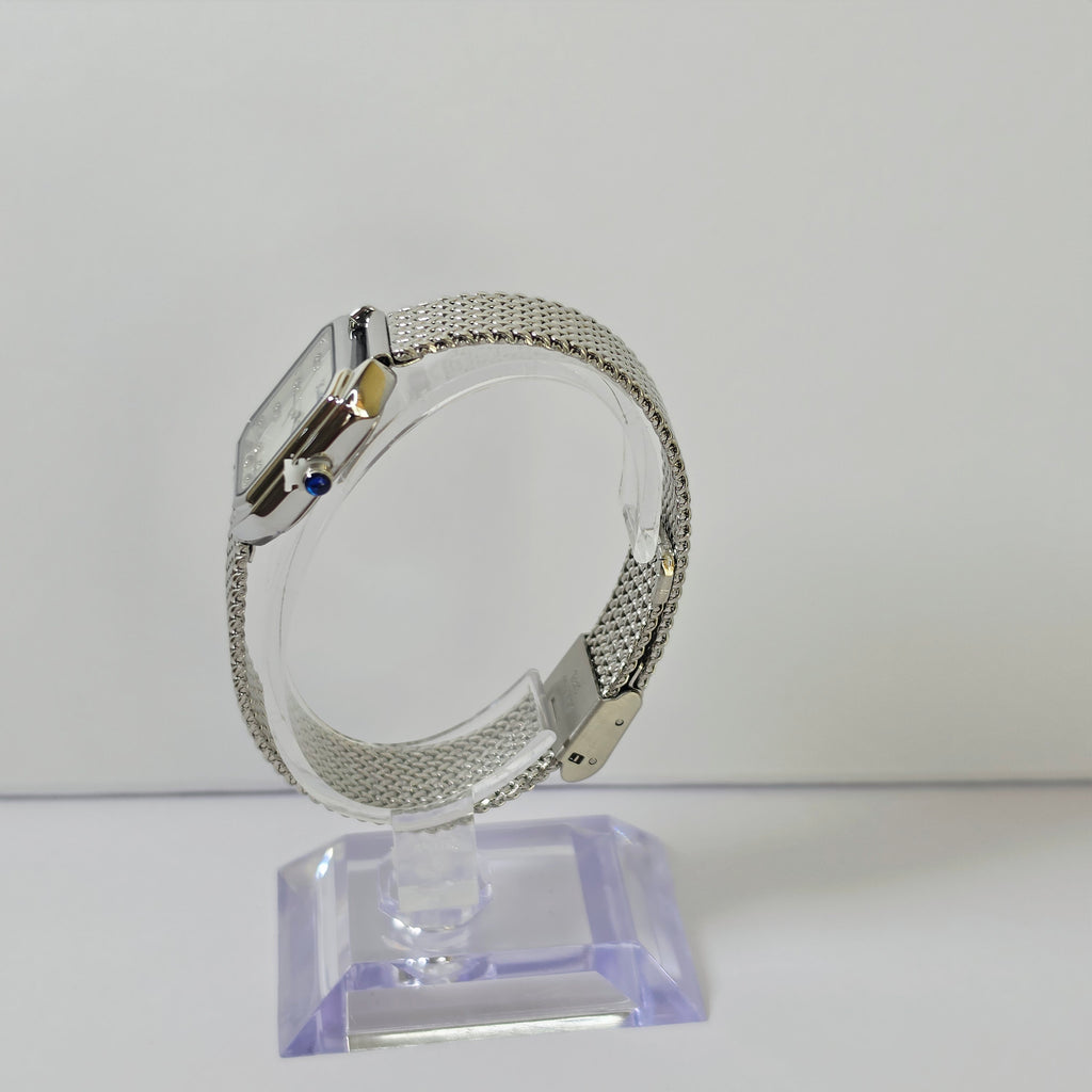 Womens silver square watch white dial on wrist front view woven mesh bracelet