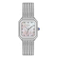 Silver-tone square case
 Elegant crystal hour markers
 Minimalist, easy-to-read dial
 Premium mesh bracelet
 Adjustable jewelry clasp for a secure fit
 Lightweight and comfortable for all-day wear

