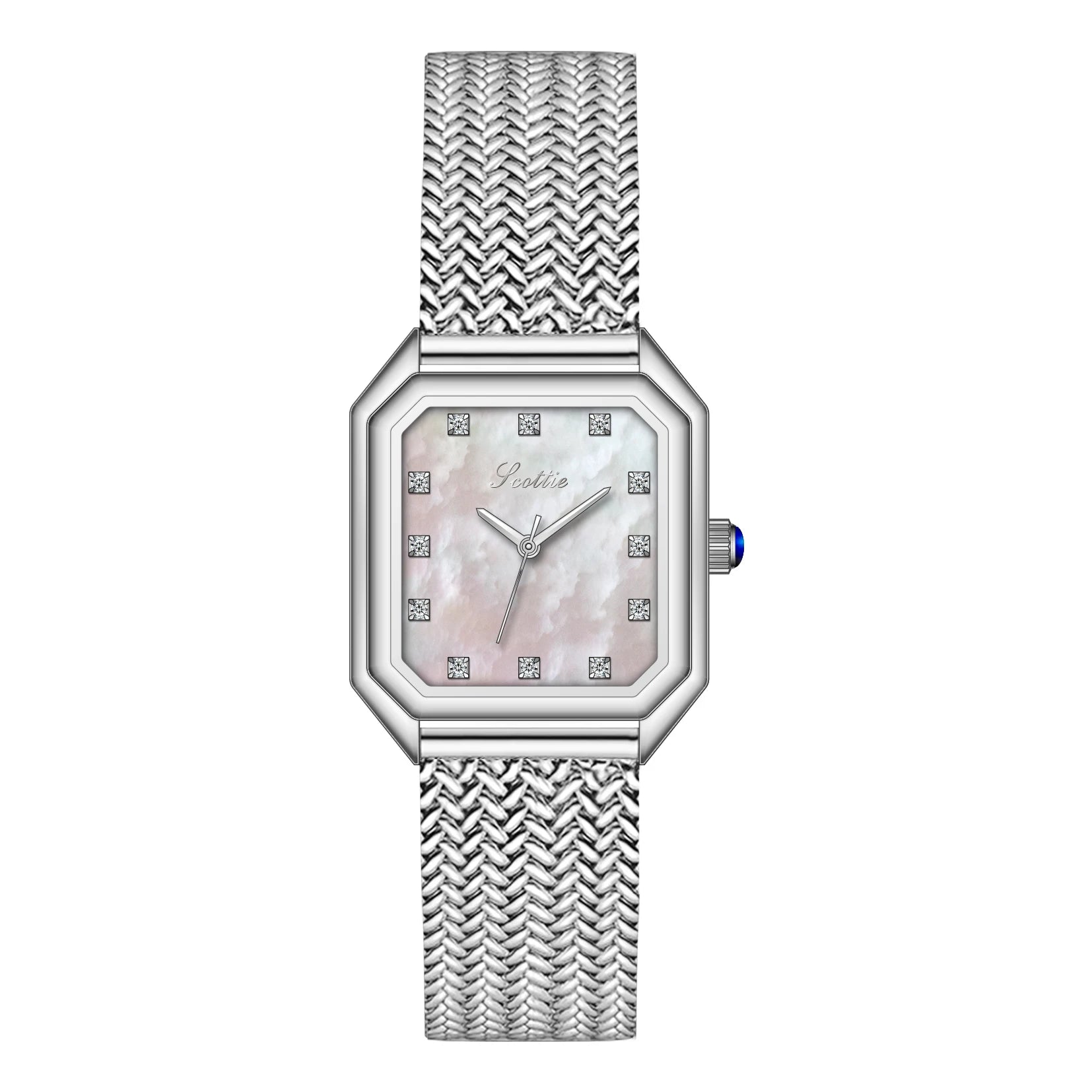 Silver-tone square case
 Elegant crystal hour markers
 Minimalist, easy-to-read dial
 Premium mesh bracelet
 Adjustable jewelry clasp for a secure fit
 Lightweight and comfortable for all-day wear
