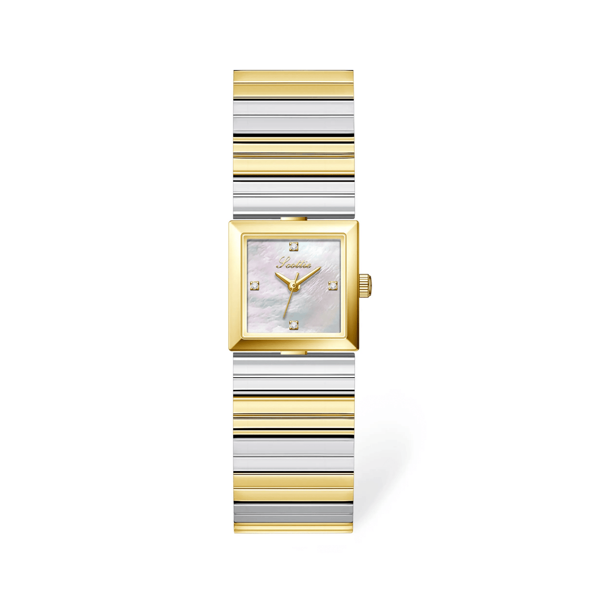  Mother-of-pearl dial gold-tone square bracelet watch, product shot on white background
