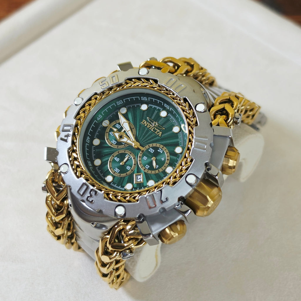 Women's Two-Tone Gold Green Dial Chronograph Watch - Oversized Chain Bracelet - GOLDASEEL
