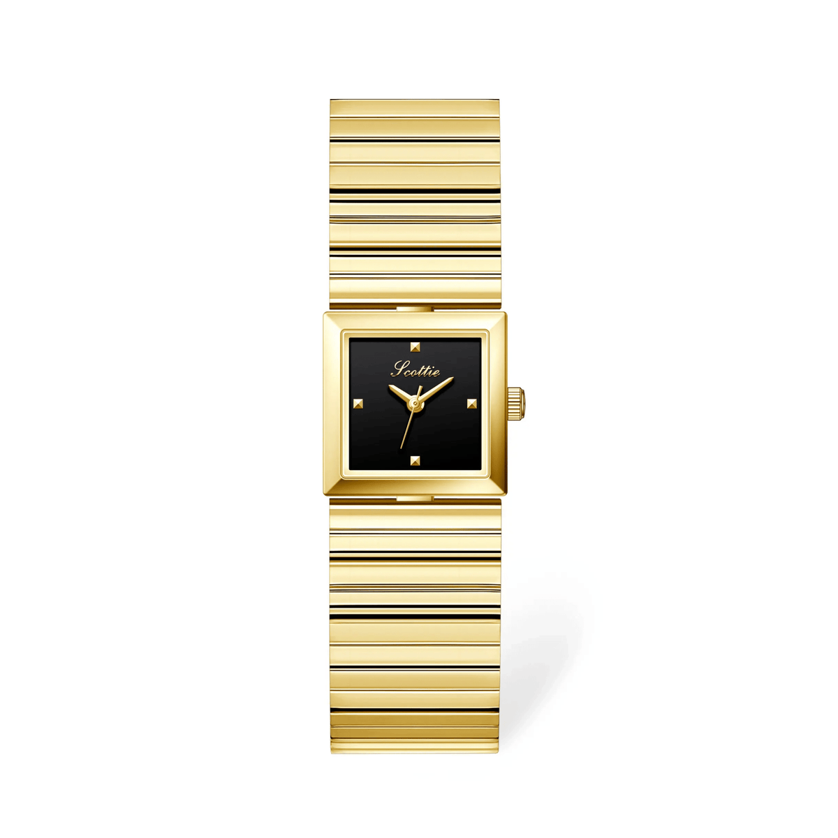 Black dial gold-tone square bracelet watch, product shot on white background
