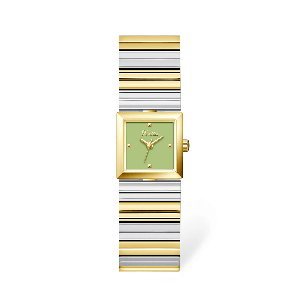 Green dial two-tone square bracelet watch, product shot on white background