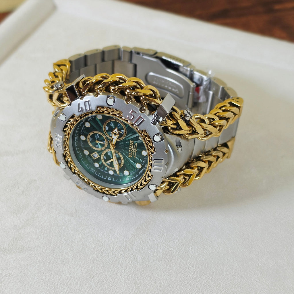 Women's Two-Tone Gold Green Dial Chronograph Watch - Oversized Chain Bracelet - GOLDASEEL
