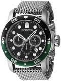 Invicta men's stainless steel mesh watch with a black dial, green bezel accent, and silver-tone case.