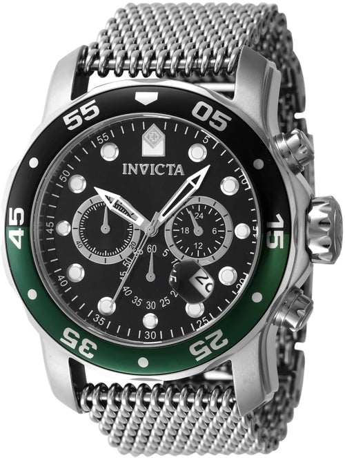 Invicta men's stainless steel mesh watch with a black dial, green bezel accent, and silver-tone case.