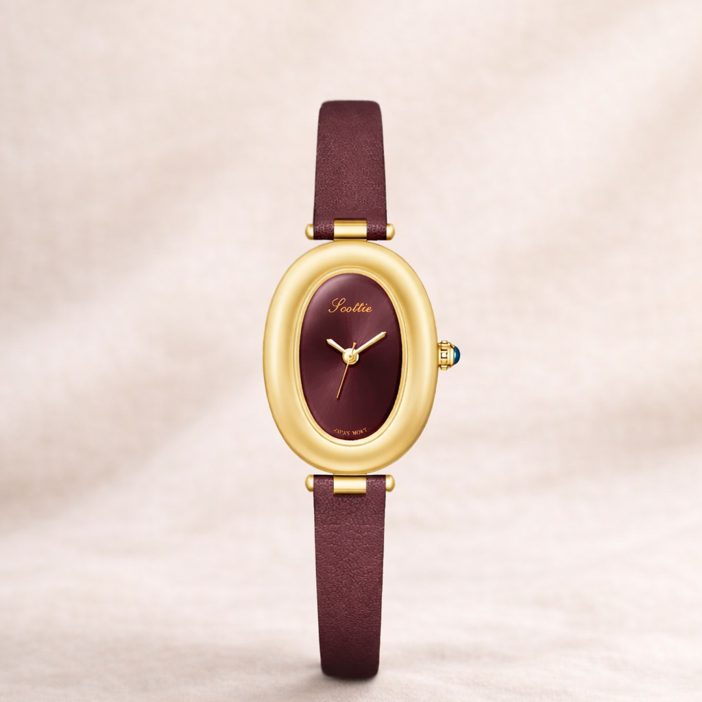 gold oval leather watch-black dial women's timepiece