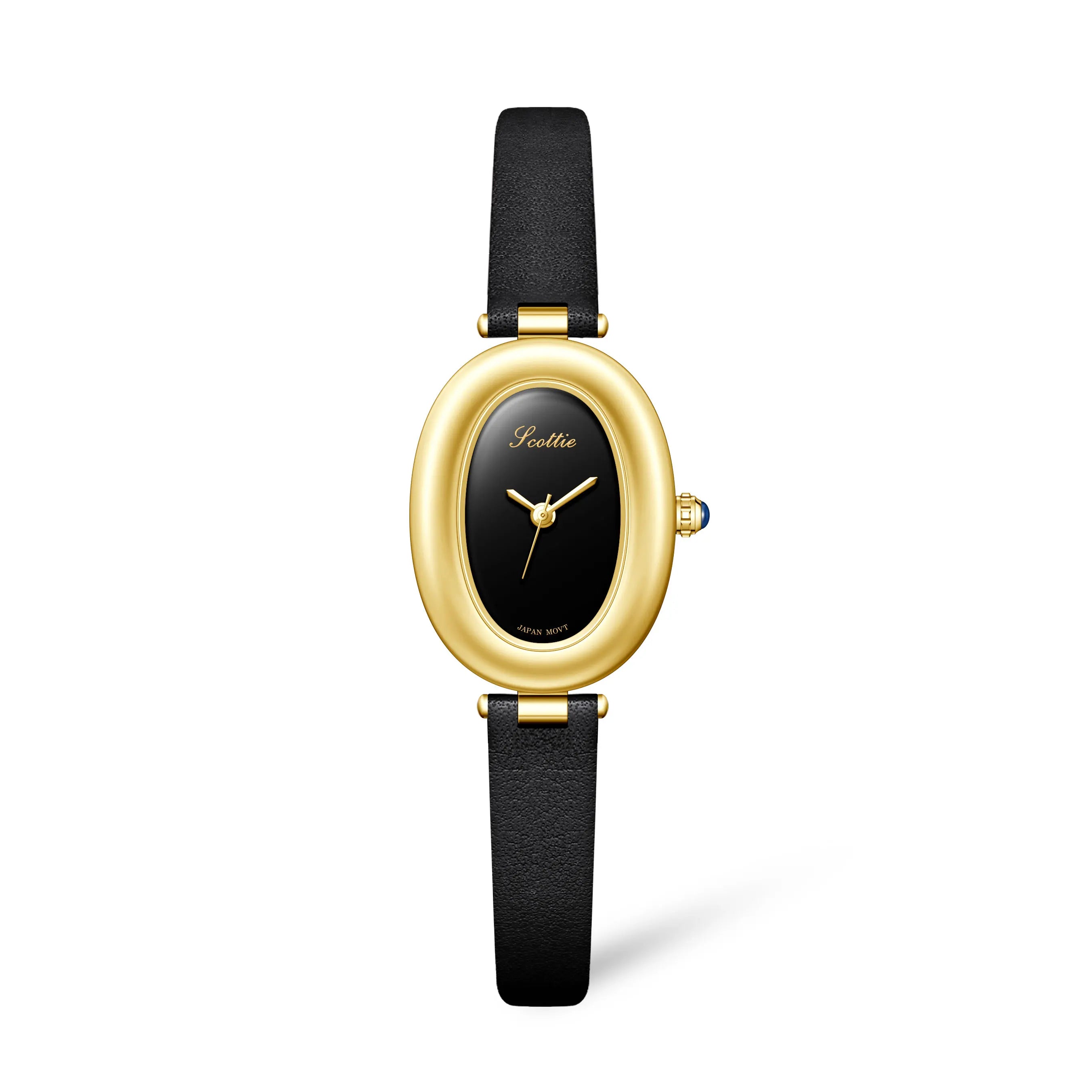 gold oval leather watch-black dial women's timepiece