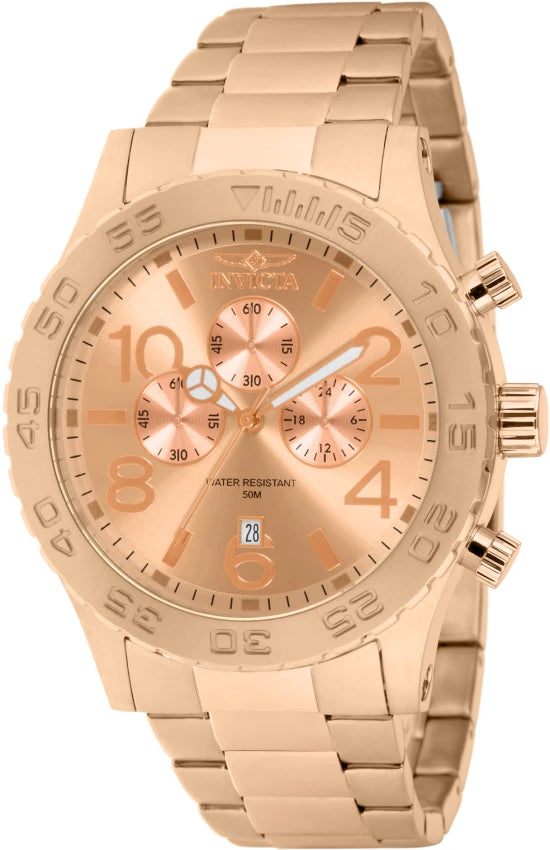 A rose gold stainless steel chronograph watch by Invicta, featuring a matching link bracelet, rose gold dial with three sub-dials, and a rose gold bezel.