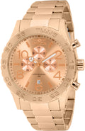 A rose gold stainless steel chronograph watch by Invicta, featuring a matching link bracelet, rose gold dial with three sub-dials, and a rose gold bezel.