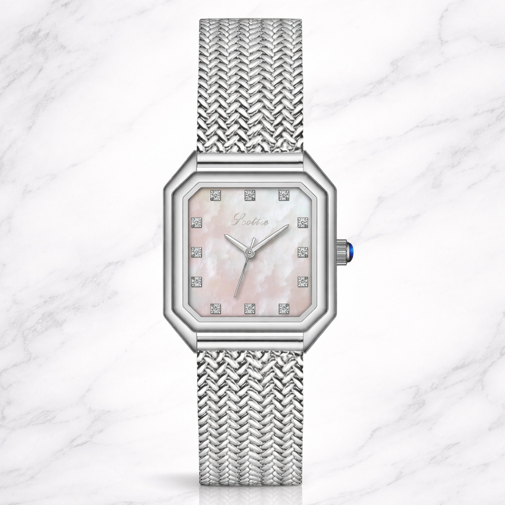 Silver-tone square case
 Elegant crystal hour markers
 Minimalist, easy-to-read dial
 Premium mesh bracelet
 Adjustable jewelry clasp for a secure fit
 Lightweight and comfortable for all-day wear
