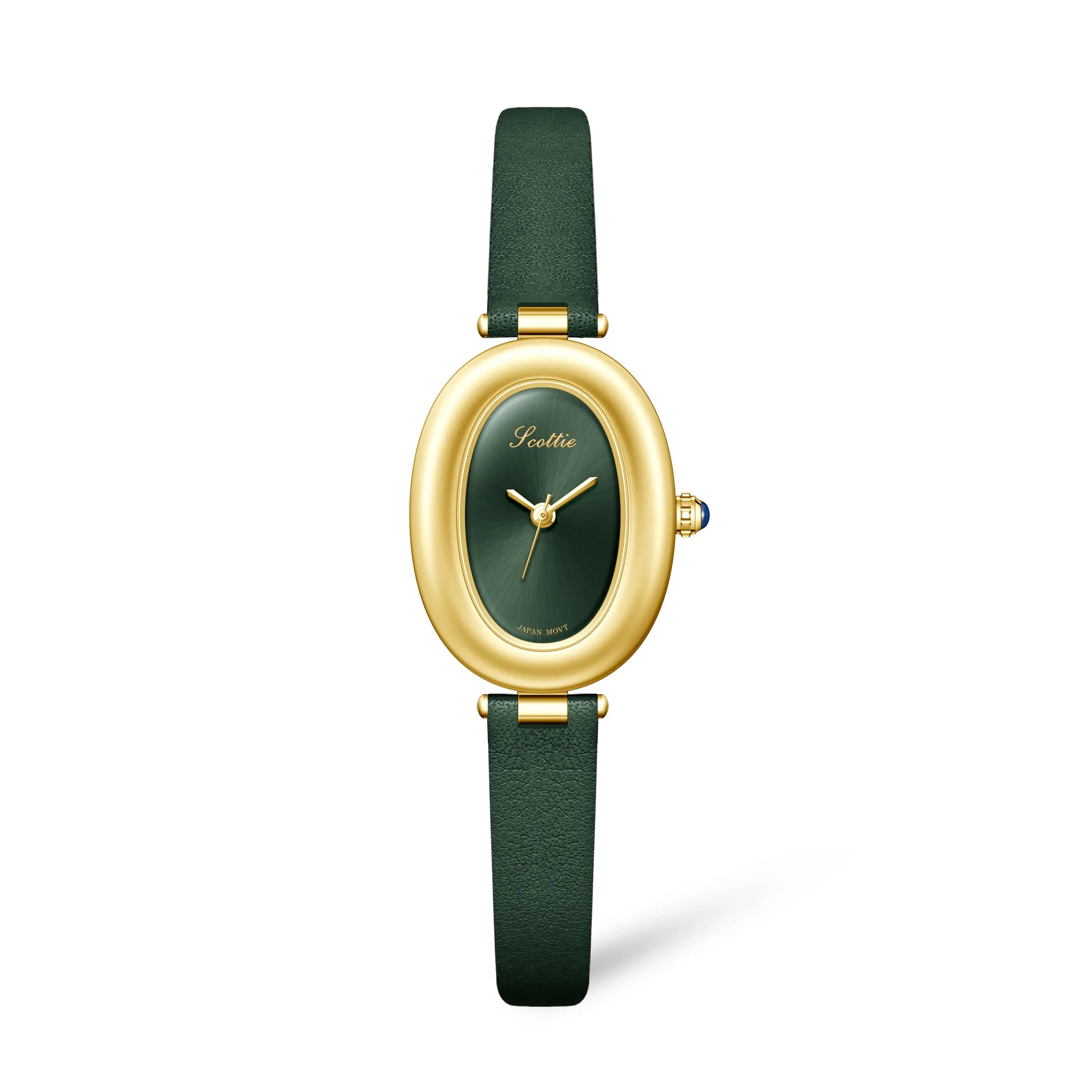 gold oval leather watch-black dial women's timepiece
