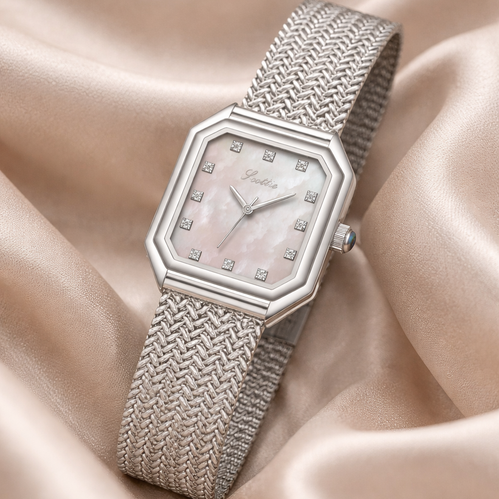 Silver-tone square case
 Elegant crystal hour markers
 Minimalist, easy-to-read dial
 Premium mesh bracelet
 Adjustable jewelry clasp for a secure fit
 Lightweight and comfortable for all-day wear
