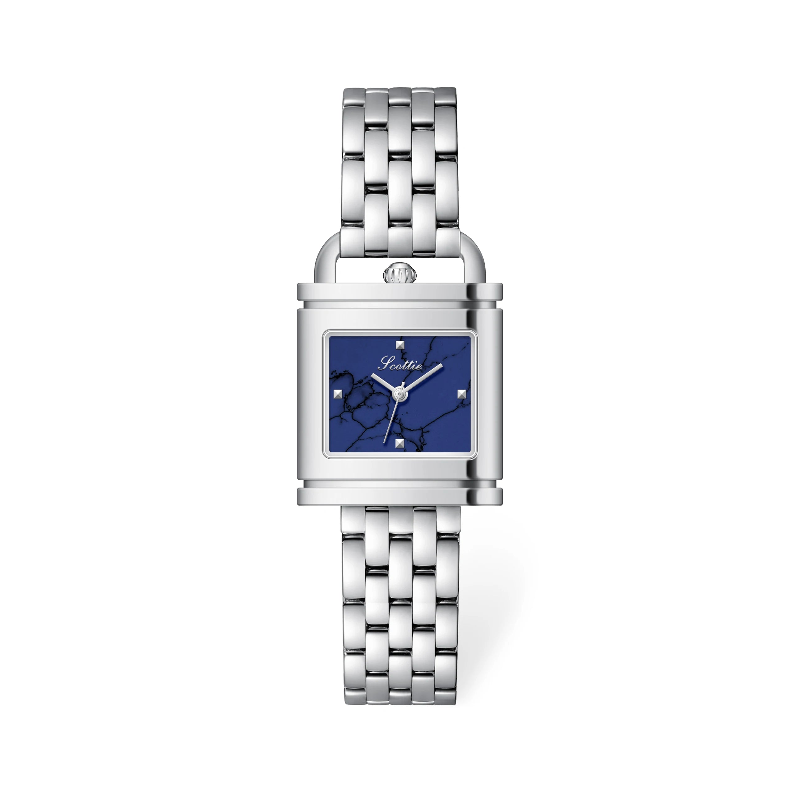 Silver watch with a blue face on a white background  luxury watch
women bracelet watch
square dial watch
stainless steel watch
fashion women watch
elegant wristwatch
jewelry watch
gift for her

