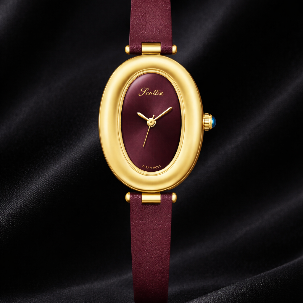 gold oval leather watch-black dial women's timepiece